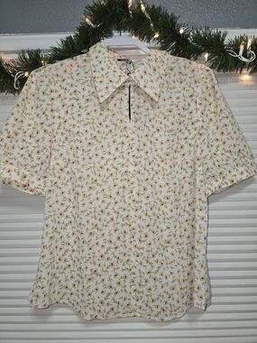 Allegra K Cream Short-Sleeve Button Down Shirt with Floral Print